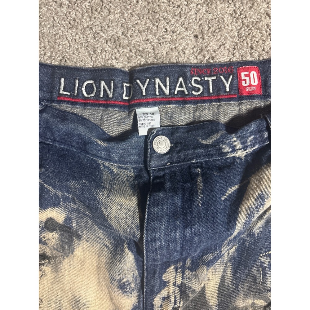 LION DYNASTY Mens Size 50 slim Acid Wash Denim Shorts Shredded Blue Streetwear - Picture 2 of 8